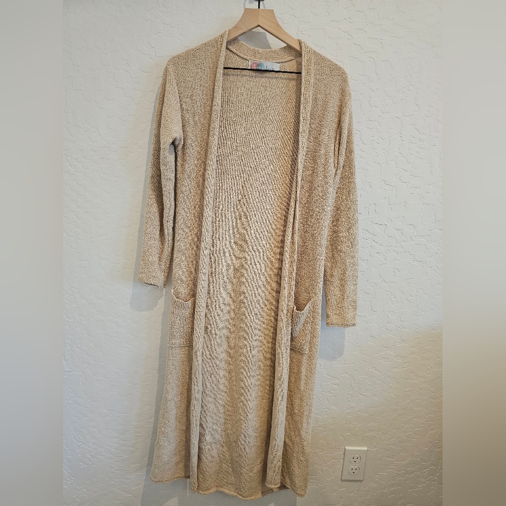 Free People Long Open Front Cardigan in Beige